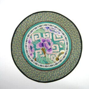 Vintage Asian Chinese Embroidered Silk Art Floral Panel Handmade Textile Round